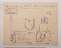 CHAMBERLAIN 8: A group of four hand drawn diagram sketches, most prominent diagram features the Chamberlain 8 lower piston cross section, drawn by H. Hawker 1994, 30cm high, 42cm wide - 2