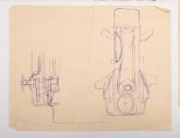 CHAMBERLAIN 8: A group of four hand drawn diagram sketches, most prominent diagram features the Chamberlain 8 lower piston cross section, drawn by H. Hawker 1994, 30cm high, 42cm wide - 4