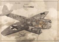JUNKERS JU88: A very fine and original 1930s cut-away diagram poster&nbsp;of the Luftwaffe Junkers Ju88, for official use only, most likely displayed in RAF communal areas as a reference to pilots and airmen of the RAF, printed in Great Britain
