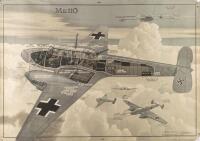 MESSERSCHMITT ME110: A very fine and original 1930s cut-away diagram poster of the Luftwaffe Messerschmitt Me110, for official use only, most likely displayed in RAF communal areas as a reference to pilots and airmen of the RAF, printed in Great Britain