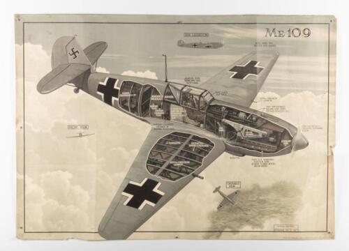 220 · MESSERSCHMITT ME109: A very fine and original 1930s cut-away diagram poster of the Luftwaffe Messerschmitt Me109, for official use only, most likely displayed in RAF communal areas as a reference to pilots and airmen of the RAF, printed in Great Britain