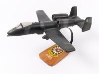 A-10A WARTHOG: A model Fairchild Republic A-10A 'Warthog' fixed on stand with 74th Fighter Squadron markings, manufacturer unknown, wingspan 41cm, fuselage length 36cm