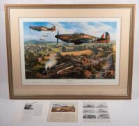 TANGMERE HURRICANES: A limited edition, large framed and glazed print 'Tangmere Hurricanes' by Nicolas Trudgian, depicting a Hurricane formation flying over English countryside, numbered 676&nbsp;of 1000 and signed by the artist and also signed by four RAF&nbsp;Hur