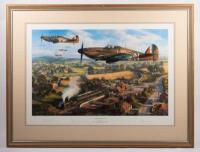 TANGMERE HURRICANES: A limited edition, large framed and glazed print 'Tangmere Hurricanes' by Nicolas Trudgian, depicting a Hurricane formation flying over English countryside, numbered 676&nbsp;of 1000 and signed by the artist and also signed by four RAF&nbsp;Hur - 2