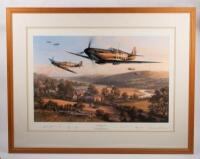 SEPTEMBER VICTORY: A limited edition, large framed and glazed print 'September Victory' by artist Nicolas Trudgian, depicting a Spitfire formation flying over Sussex countryside, numbered 75&nbsp;of 1000 and signed by the artist and also signed by numerous&nbsp;RAF