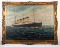 R.M.S. TITANIC: An original Edwardian, oil on canvas painting by J.W. Lewis featuring the Titanic at sea believed to be a depiction of the maiden voyage, signed lower right 'J.W. Lewis 25th April 1912