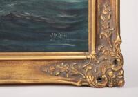 R.M.S. TITANIC: An original Edwardian, oil on canvas painting by J.W. Lewis featuring the Titanic at sea believed to be a depiction of the maiden voyage, signed lower right 'J.W. Lewis 25th April 1912 - 2