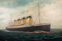 R.M.S. TITANIC: An original Edwardian, oil on canvas painting by J.W. Lewis featuring the Titanic at sea believed to be a depiction of the maiden voyage, signed lower right 'J.W. Lewis 25th April 1912 - 6