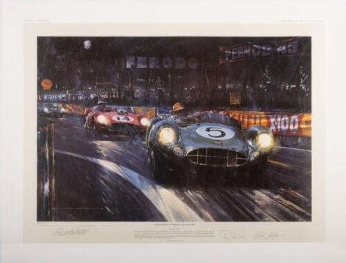 NICHOLAS WATTS: A limited edition (400/850) print by Nicholas Watts titled 'Aston Martin Victorious - Le Mans 1959', print signed by Salvadori and Shelby to lower, measures 63.5cm high, 82cm wide