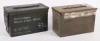AMMUNITION CASES: Two metal ammunition cases in green colour with white stencilled lettering