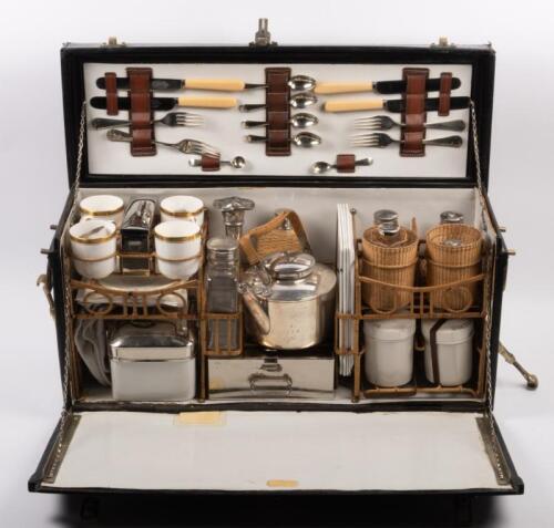 PICNIC SET: A 1914 dated leather-cased picnic set to suit four persons, nameplate '1914 - Renault - Rice', case fitted with brass handles, appears to be complete
