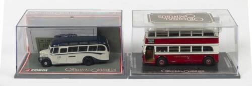 AEC Q DOUBLE DECK BUS, BEDFORD OB COACH: Two 1:76 scale Corgi models including a limited edition AEC Q Double Deck Bus London Transport and a Bedford OB Coach Royal Blue