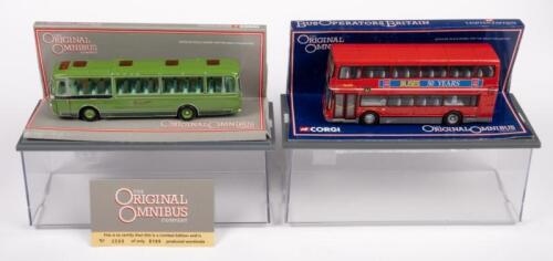 VOLVO OLYMPIAN, LEYLAND LEOPARD/PANORMAMA: Two 1:76 scale Corgi models including a First Orpington buses Volvo Olympian Palatine II and a Leyland Leopard/Panorama I Southdown Motor Services