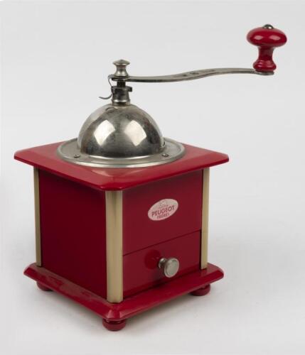 PEUGEOT: A modern French 'Peugeot Freres' red laquered timber coffee grinder