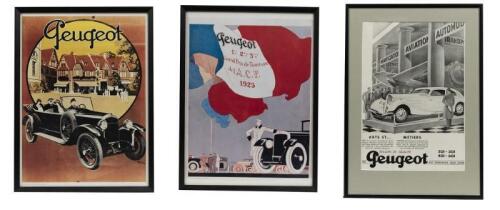 PEUGEOT: Three framed and glazed Peugeot advertising prints