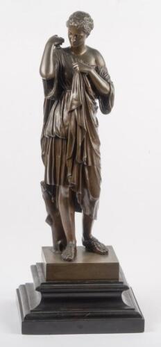 RTION SAUVAGE: A fine large 19th century bronze figure by Rtion Sauvage of a classical female maiden mounted on an ebonised base, 68cm high overall