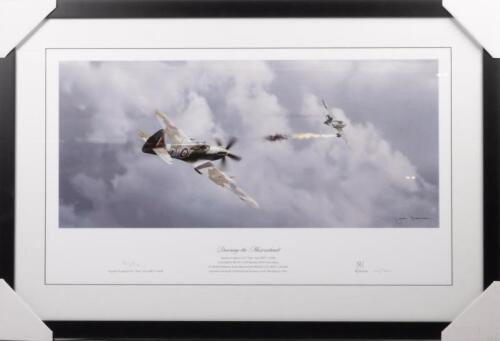 1B · TONY GAZE: A limited edition (253/1000) print titled 'Downing the Messerschmitt' featuring Tony Gaze in his Spitfire Mk XIV of 610 squadron, signed to lower by Gaze and artist, framed and glazed, 55.5cm high, 82cm wide