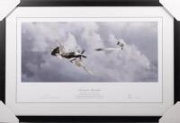 TONY GAZE: A limited edition (253/1000) print titled 'Downing the Messerschmitt' featuring Tony Gaze in his Spitfire Mk XIV of 610 squadron, signed to lower by Gaze and artist, framed and glazed, 55.5cm high, 82cm wide
