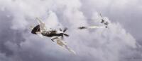 TONY GAZE: A limited edition (253/1000) print titled 'Downing the Messerschmitt' featuring Tony Gaze in his Spitfire Mk XIV of 610 squadron, signed to lower by Gaze and artist, framed and glazed, 55.5cm high, 82cm wide - 2