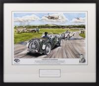 TONY0 GAZE: A framed and glazed print by Mike Harbar titled 'The Birth of Goodwood' featuring Gaze driving his MG J2 with Tony Gaze signature below, 46.5cm high, 53.5cm wide