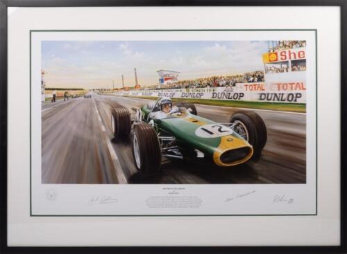 SIR JACK BRABHAM: A limited edition (190/850) framed and glazed print titled "History in the Making" by Randall Wilson depicting Jack Brabham winning the 1966 French Grand Prix, 67.5cm high, 92cm wide