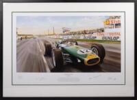 SIR JACK BRABHAM: A limited edition (190/850) framed and glazed print titled "History in the Making" by Randall Wilson depicting Jack Brabham winning the 1966 French Grand Prix, 67.5cm high, 92cm wide