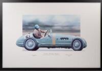 GAZE: A limited edition print (214/350) by Bernie Walsh titled&nbsp;"A Great Australian Moment" - depicting Tony Gaze racing a HWM at the 1952 Belgian Grand Prix, print signed by Tony Gaze and artist,&nbsp;framed and glazed print,&nbsp;55cm high, 80.5cm wide overall