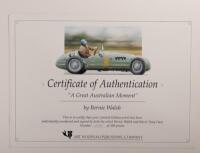 GAZE: A limited edition print (214/350) by Bernie Walsh titled&nbsp;"A Great Australian Moment" - depicting Tony Gaze racing a HWM at the 1952 Belgian Grand Prix, print signed by Tony Gaze and artist,&nbsp;framed and glazed print,&nbsp;55cm high, 80.5cm wide overall - 5