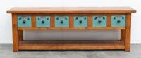 FARMHOUSE TABLE: A large hardwood farmhouse kitchen table with drawers bearing names of spices, 229cm wide, 76cm high, 57cm deep&nbsp;