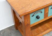 FARMHOUSE TABLE: A large hardwood farmhouse kitchen table with drawers bearing names of spices, 229cm wide, 76cm high, 57cm deep&nbsp; - 2