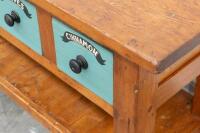 FARMHOUSE TABLE: A large hardwood farmhouse kitchen table with drawers bearing names of spices, 229cm wide, 76cm high, 57cm deep&nbsp; - 3