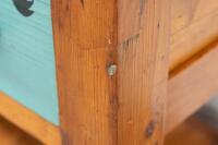 FARMHOUSE TABLE: A large hardwood farmhouse kitchen table with drawers bearing names of spices, 229cm wide, 76cm high, 57cm deep&nbsp; - 4