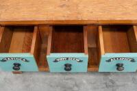 FARMHOUSE TABLE: A large hardwood farmhouse kitchen table with drawers bearing names of spices, 229cm wide, 76cm high, 57cm deep&nbsp; - 6