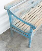 BENCH: A large rustic timber hardwood garden seat, 209cm wide, 89cm high, 71cm deep - 3