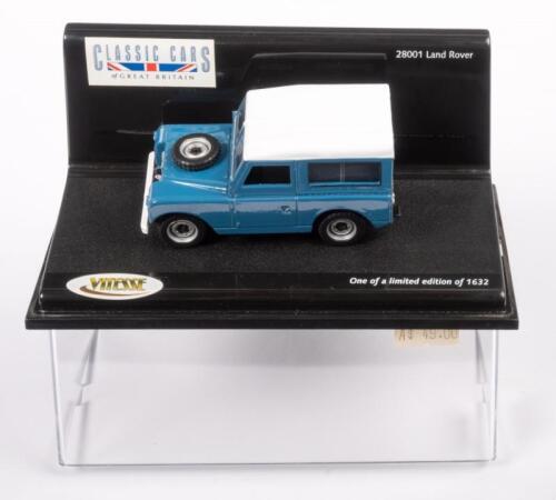 VITESSE: A 1:43 scale 'Classic Cars of Great Britain' Land Rover, blue with white roof, limited edition, numbered '0467' of 1632, in perspex case