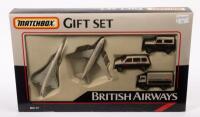 MATCHBOX: A 1990 Matchbox British Airways Gift Set No. MC-17, includes in original packaging, two planes, a Concorde and 747, plus also three British Airways service vehicles, one Land Rover, one minivan and one truck