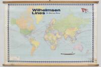 WILHELMSEN LINES: A large late 1960s&nbsp;Wilhelmsen Lines ships map showing various service lines, 96cm high, 142cm wide