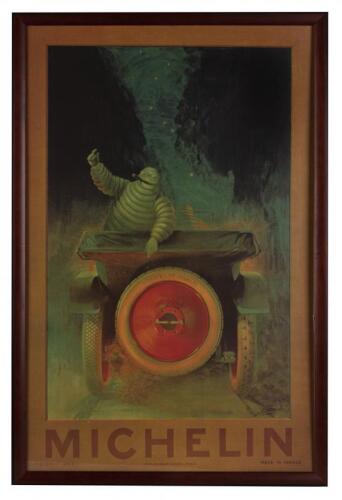 FRENCH: Two framed modern colour reproductions of Peugeot and Michelin advertisements