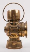 LUCAS: A fine Edwardian period brass Lucas 'King of the Road' No.634 kerosene side or rear lamp, two lenses, largest is clear, smaller is red, approx 27cm high, largest lens diameter approx 7cm - 3