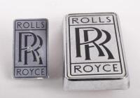 ROLLS-ROYCE: Two Rolls-Royce car badges, includes a rectangular badge, 8.5cm high, 4.7cm wide and a rectangular badge 4.7cm high, 2.6cm wide