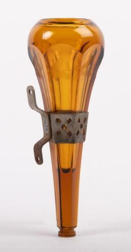 VASE: An Edwardian amber glass vase with etched floral band, approx 21cm long, 7cm wide at top