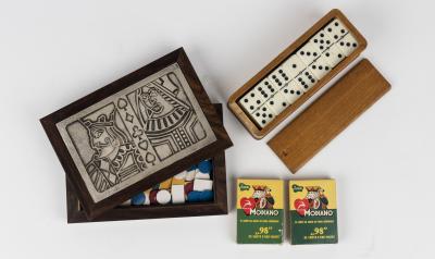 GAMES: Set of dominos and poker playing cards and chips