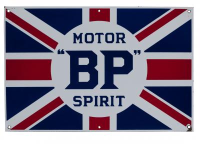 BRITISH PETROLEUM: A decorative Union Jack "BP Motor Spirit" enamelled sign