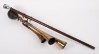 HORN: An early brass three note trumpet horn with rubber bulb with attachment to wooden stick base with small Rolls-Royce badges affixed to base end, approx 42cm long