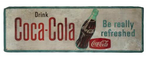 COCA-COLA: A decorative 'Drink Coca-Cola - Be really refreshed' angled edge tin sign (136.5cm wide)