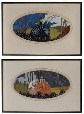 ART DECO: An attractive pair of original oval form artworks of theatrical courting scenes. Circa 1920's