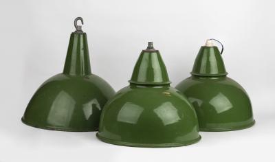 INDUSTRIAL LIGHTS: Three large green enamelled hanging lights