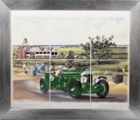 BROOKLANDS: A six-panel ceramic tile set featuring the Speed Six Bentley at the 1930 Double 12-hour race at Brooklands, by Carrelage 8, framed, 58cm high