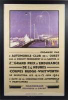 LE MANS: A reproduction poster for the 1924 Le Mans as held at the Sarthe road racing&nbsp;circuit France June 14 & 15 1924. Framed within thin perspex frame 67cm wide, 97cm high.