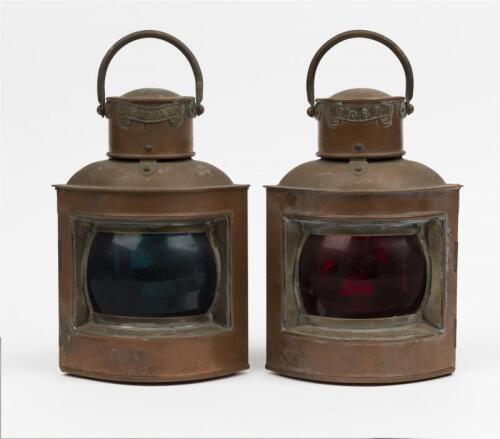MARITIME: Two metal ship's lanterns. Ruby and emerald glass